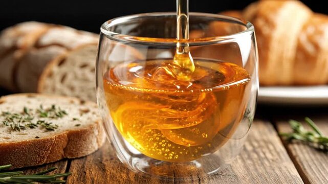 Golden honey pouring into glass beside fresh bread slices