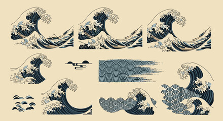Set of Japanese ukiyo-e style great wave illustrations, featuring various classic and stylized versions of the iconic ocean artwork.