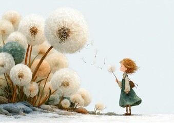 Little girl blowing dandelion in dreamy watercolor fantasy illustration
