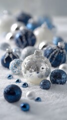 Delicate Silver and Blue Christmas Decorations on White Background