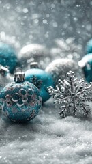 Beautiful Silver and Blue Christmas Decorations on White Background