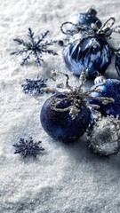 Silver Christmas Decorations on White Snowy Background for Festive Season