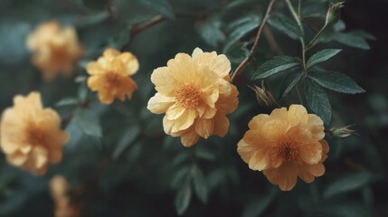 Close-up of a group of yellow flowers with green leaves. the flowers are in full bloom and appear to be a type of rose.