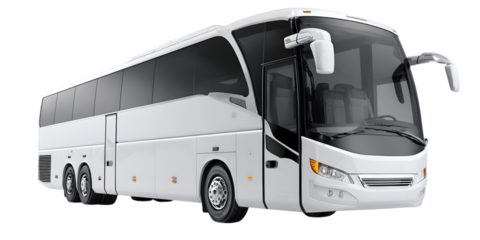 Modern white tour bus for tourism and long-distance travel on a solid black background isolated on white background