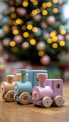 Colorful Wooden Toy Train Set on Floor with Christmas Tree Background