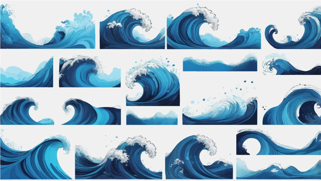 Set of blue sea water banners featuring vector wave patterns and nature landscape illustrations with ocean fish and summer sun elements for paper card design