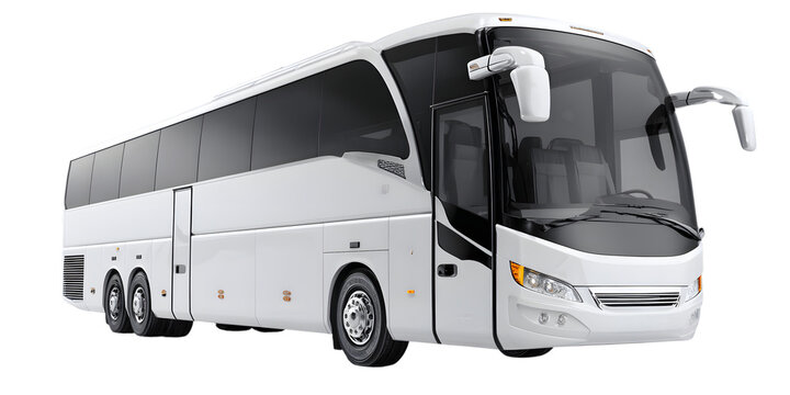 Modern white tour bus for tourism and long-distance travel on a solid black background isolated on white background