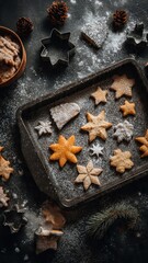 Festive Christmas Cookies on a Tray with Pine Cones and Powdered Sugar