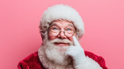 Cheerful older man dressed as a holiday figure with a white beard touches his cheek while looking upward against a bright pink background.