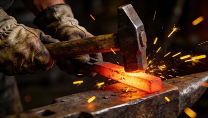 Blacksmith hammering red-hot metal bar on an anvil, sparks flying, traditional forging process, skilled craftsmanship, close-up shot.