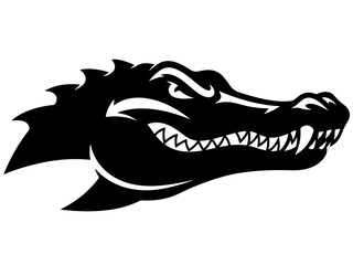 A fierce black silhouette of an alligator's head with sharp teeth and an aggressive expression.