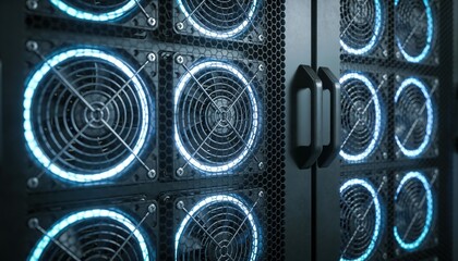 Array of blue-lit cooling fans on a dark data center server cabinet, showing high-tech ventilation.