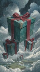 Floating Christmas Gifts in the Sky Surrounded by Dramatic Clouds