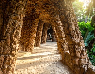 View along a stone corridor lined with textured pillars and arches, leading to a sunlit pathway. Trees are visible