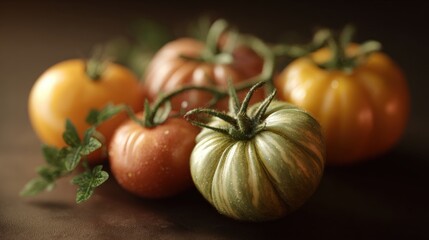 Group of four tomatoes on a dark brown surface. the tomatoes are of different colors - one is orange, one is red, and one is green.