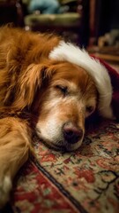 Golden Retriever Dog Wearing Santa Hat Relaxing for Holiday Season