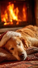 Cozy Golden Retriever Dog Wearing Santa Hat by Fireplace