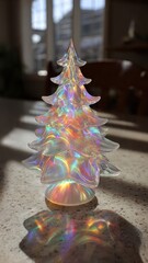Iridescent Figurine of Christmas Tree Capturing Light and Caustics