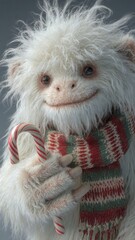 Adorable White Yeti Monster Holding Candy Cane in Christmas Scarf