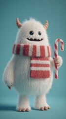 Cute White Yeti Monster in Christmas Scarf with Candy Cane Prop