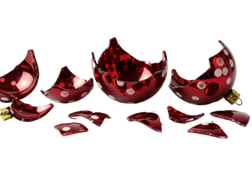 Highly detailed macro photo of sharp, jagged fragments of a crimson polka dot glass bauble on a stark white studio background with copy space and hard shadows. Concept of broken expectations - Powered by Adobe