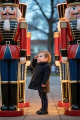 Young child in a dark coat stands between two colorful nutcracker figures, saluting in a festive outdoor setting, capturing the spirit of holiday celebrations and childhood wonder