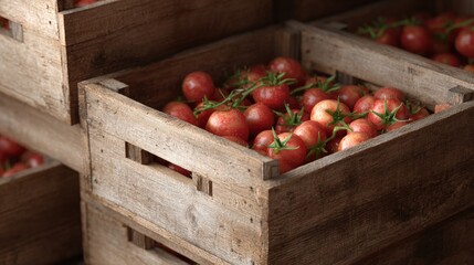 Group of wooden crates filled with red tomatoes. the crates are stacked on top of each other and appear to be made of a light-colored wood.