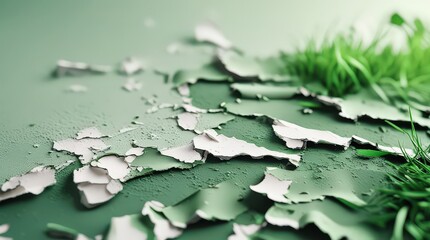 Green paint peeling with white underlayer and green grass detail