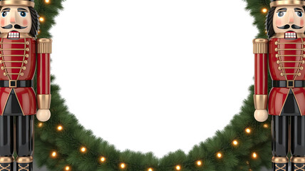 Nutcracker soldiers stand guard beside a festive green wreath adorned with lights, creating a cheerful holiday atmosphere with ample copy space for seasonal greetings