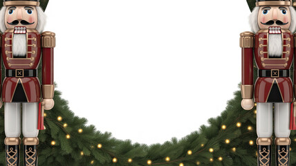 Nutcracker soldiers standing guard on either side of a festive wreath adorned with lights, creating a cheerful holiday atmosphere with ample copy space for text