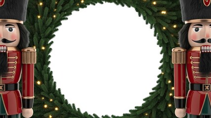 Nutcracker soldiers framed by a lush green wreath adorned with twinkling lights, creating a festive atmosphere perfect for holiday celebrations and seasonal decorations