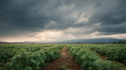 Obraz premium Vast field of green plants with a dirt path winding through it. the sky is filled with dark, ominous clouds that are covering most of the sky.
