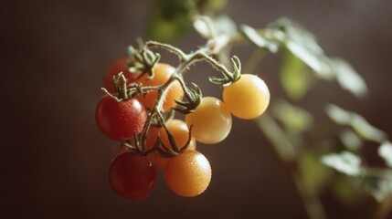 Bunch of small, round, red and yellow tomatoes hanging from a thin, green stem. the tomatoes are clustered together and appear to be ripe and ready to be picked.