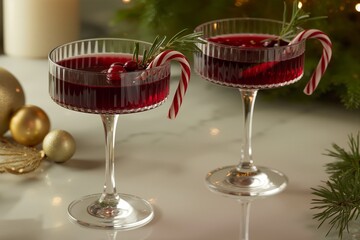 Luxurious close-up of two elegant cocktails garnished with candy canes and cranberries, set against a festive backdrop with holiday decorations and soft lighting