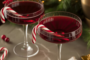 Luxurious close-up photograph of two elegant cocktails garnished with candy canes, set against a festive backdrop, evoking a warm holiday atmosphere with rich colors and textures