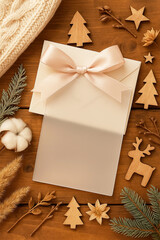 Frosted acrylic card with elegant ribbon surrounded by festive decorations and natural elements
