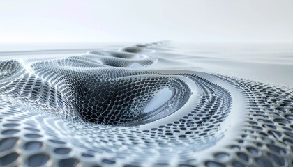 Dynamic digital abstract art illustrating a fluid surface with intricate fractal ridge formations and a cellular grid texture, set against a pristine white background.