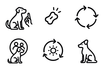 Dog training icons including commands, treats, and obedience symbols