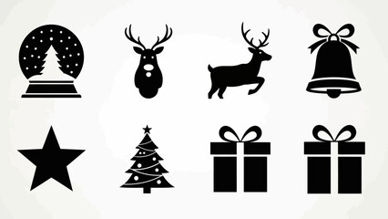 Christmas holiday black silhouette icon set, festive decorative symbols collection
