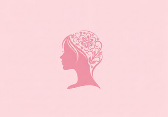 A delicate pink illustration of a woman's profile featuring floral and ornamental hair elements, perfect for beauty, wellness, or Women's Day themes with ample space for text.