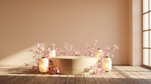 Podium with Decorative Podium: Sakura, Paper Lantern (Chochin)