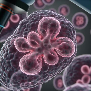 macro view of biological cells dividing under a microscope with glowing nucleus