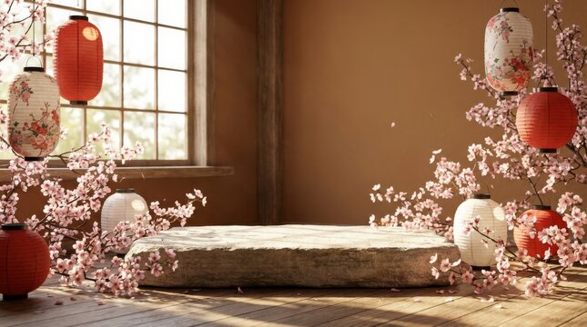 Podium with Decorative Podium: Sakura, Paper Lantern (Chochin)