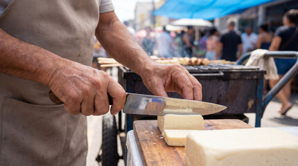 A vendor expertly slices a fresh block of cheese with precision, crafting culinary delights for hungry customers amid a vibrant street food scene.