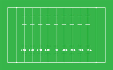 Professional top view illustration of a green american football field with white yard lines and markings