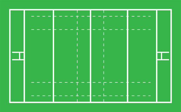 Green rugby league field layout vector illustration showing goal posts and dashed lines