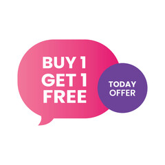 Buy 1 Get 1 Free Special Offer Banner with Pink and Purple Speech Bubbles on White Background