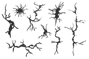 Crack wall, ground texture breaks on land surface. Ground fissure line sketch set. Crash fracture, land damage, earthquake