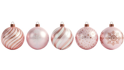 Five pink christmas ornaments with various designs on transparent background