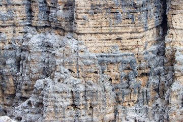 Close-up view from Rifugio Maria at Passo Pordoi, highlighting the rugged Dolomite rock massif